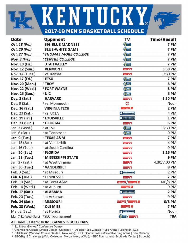 Kentucky Wildcats Basketball Full 2017 18 Schedule