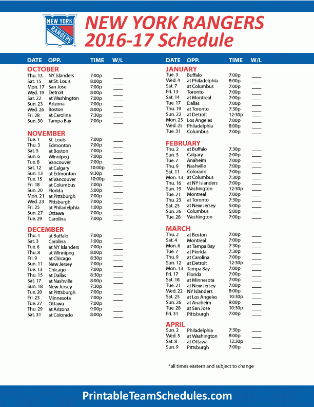 New York Rangers Printable Schedule 2017 Dallas Stars 