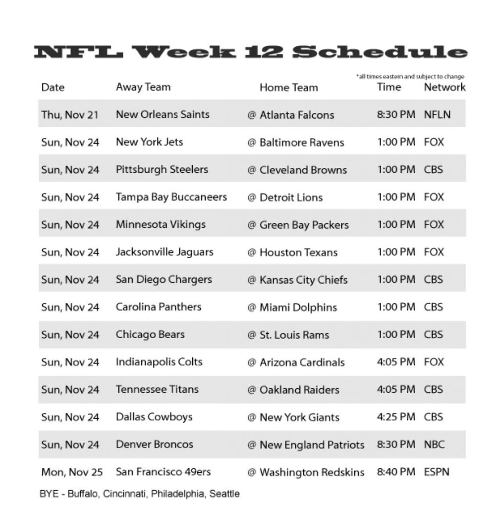 Nfl Week 12 Schedule 2013