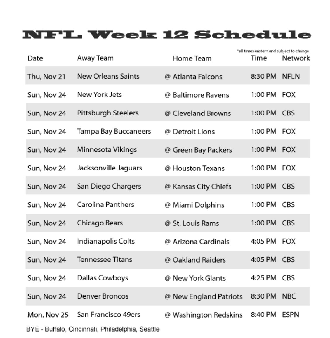 Nfl week 12 schedule 2013