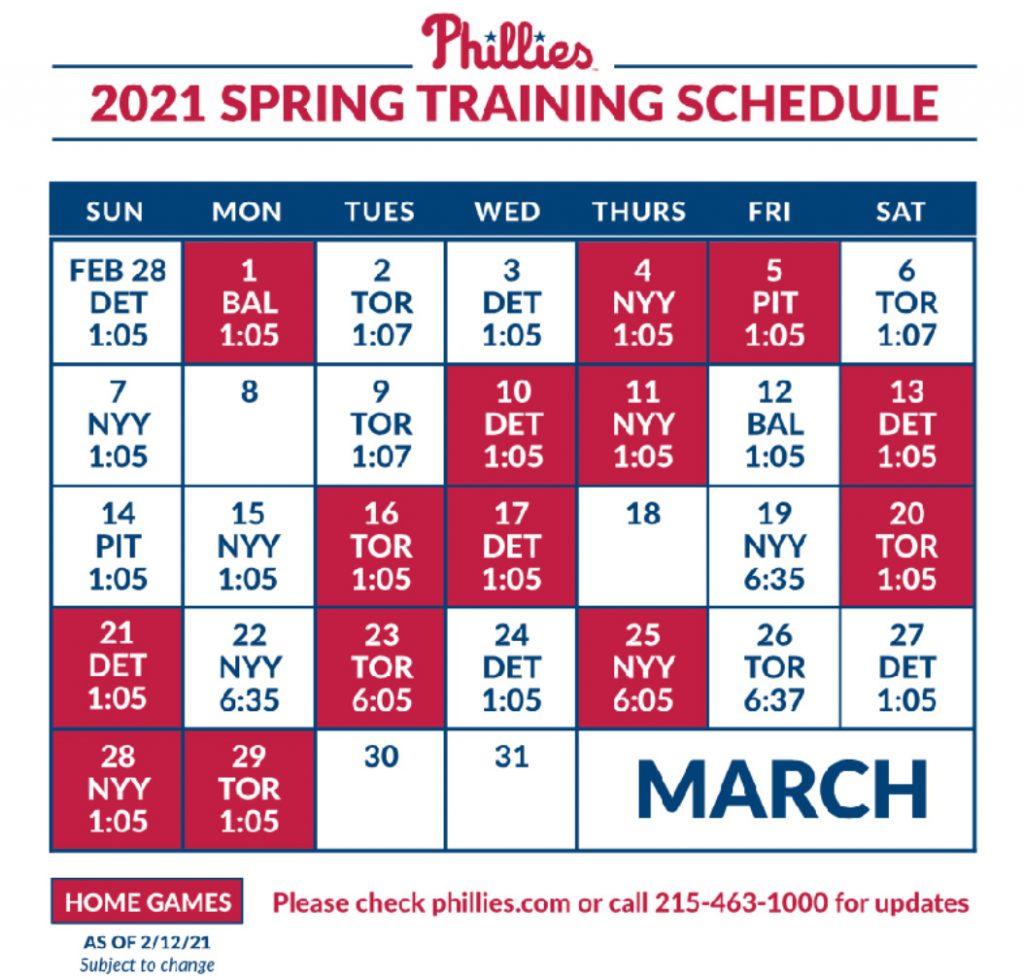 Phillies Spring Training Revised 2021 Schedule RSN