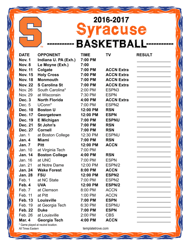 Printable Syracuse Basketball Schedule Printable Schedule