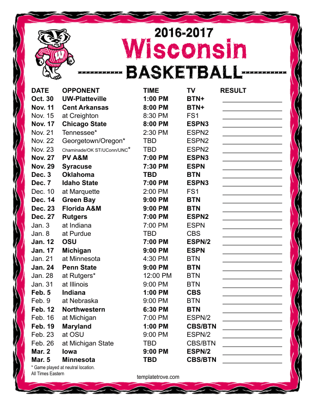 Printable 2016 2017 Wisconsin Badgers Basketball Schedule