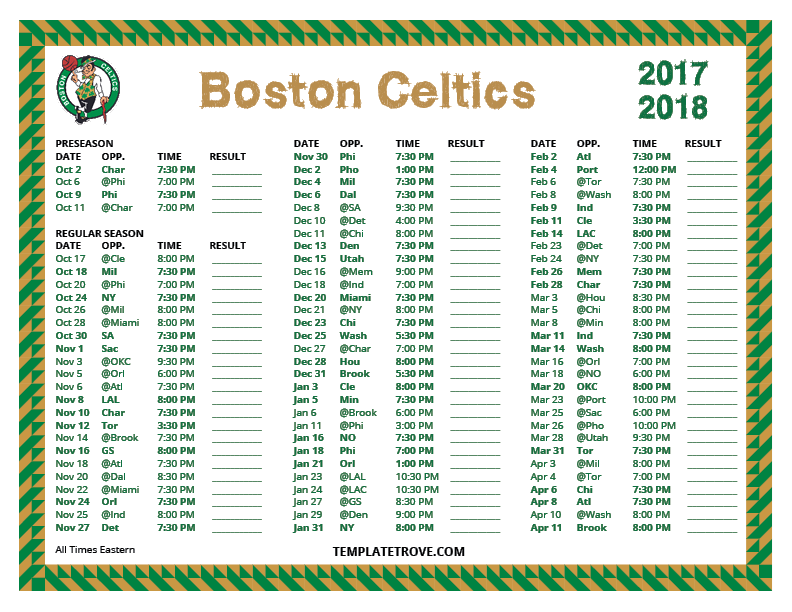 Printable 2017 2018 Boston Celtics Schedule
