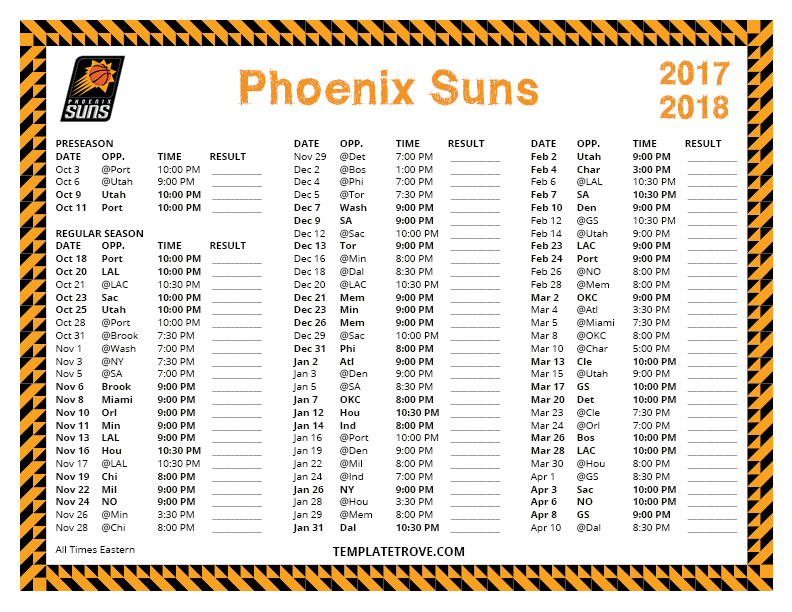 Printable 2017 2018 Phoenix Suns Schedule