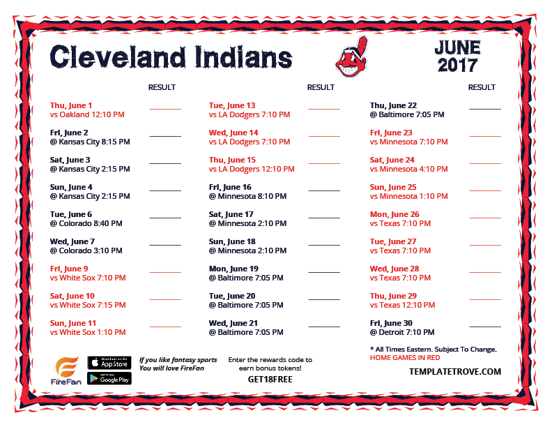 Printable 2017 Cleveland Indians Schedule