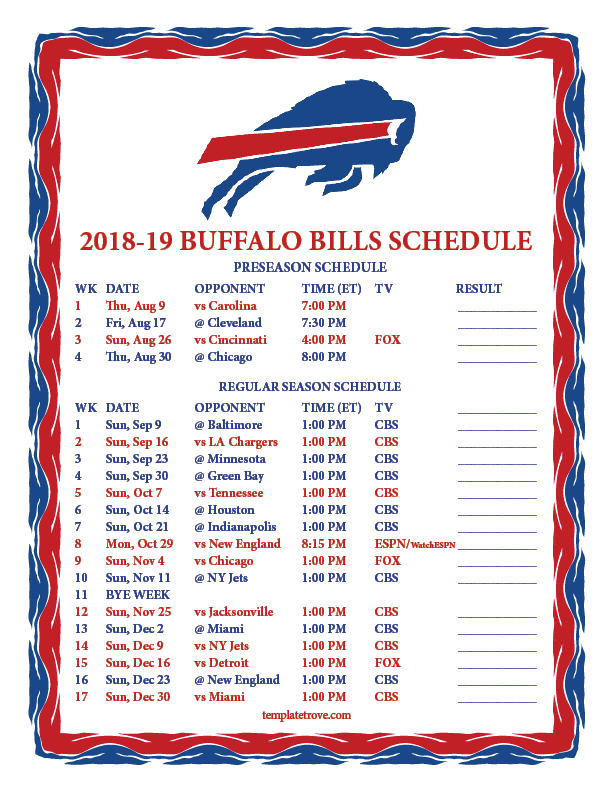 Printable 2018 2019 Buffalo Bills Schedule