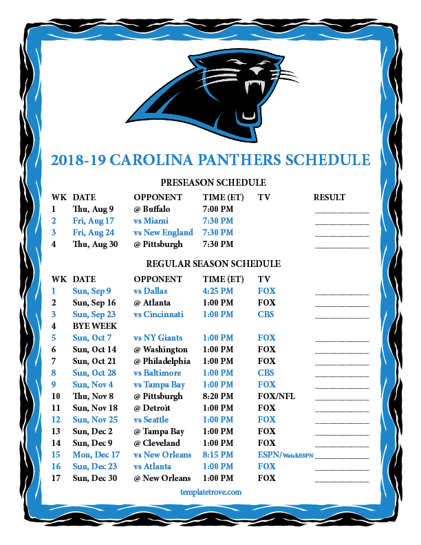 Printable 2018 2019 Carolina Panthers Schedule