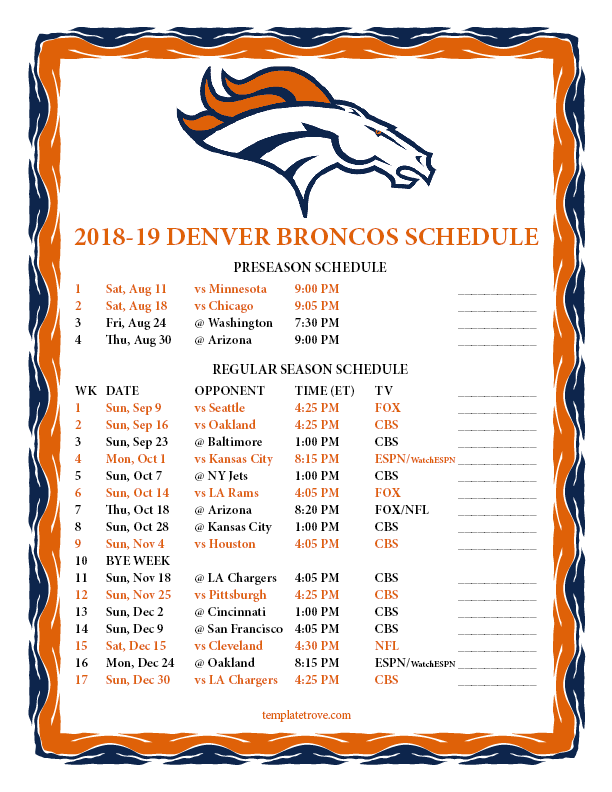 Printable 2018 2019 Denver Broncos Schedule