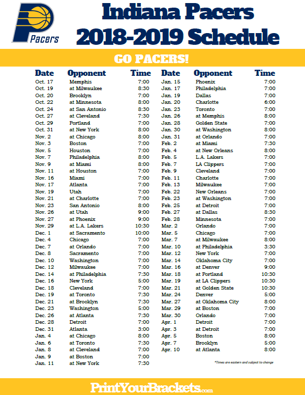 Printable 2018 2019 Indiana Pacers Schedule Warriors 