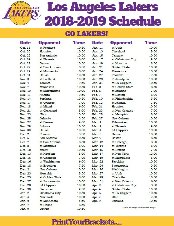 Printable 2018 2019 Los Angeles Lakers Schedule Los 