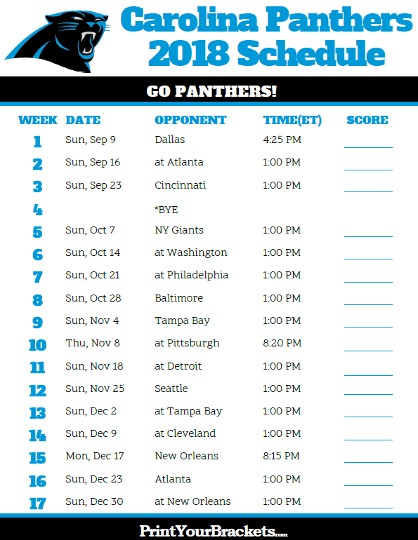 Printable 2018 Carolina Panthers Football Schedule 