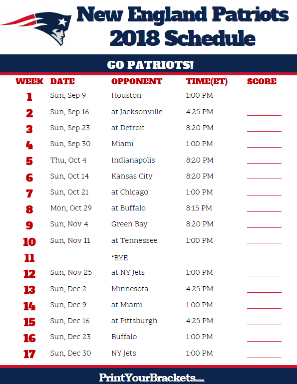 Printable 2018 New England Patriots Football Schedule 