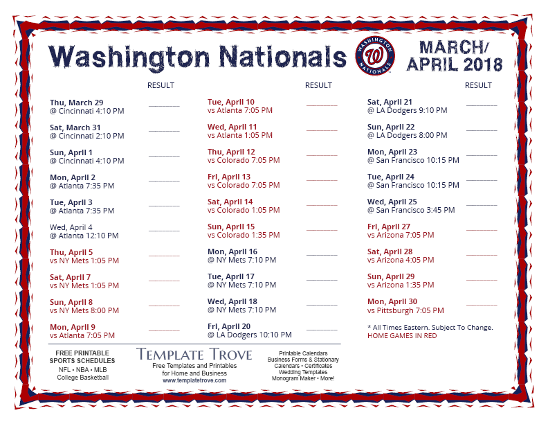 Printable 2018 Washington Nationals Schedule