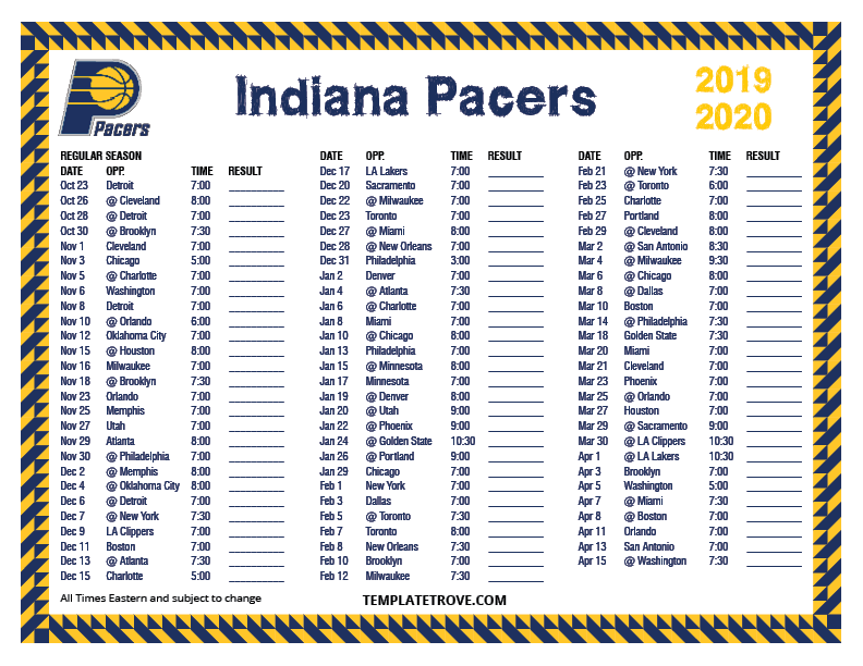 Printable 2019 2020 Indiana Pacers Schedule