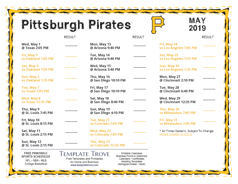 Printable 2019 Pittsburgh Pirates Schedule
