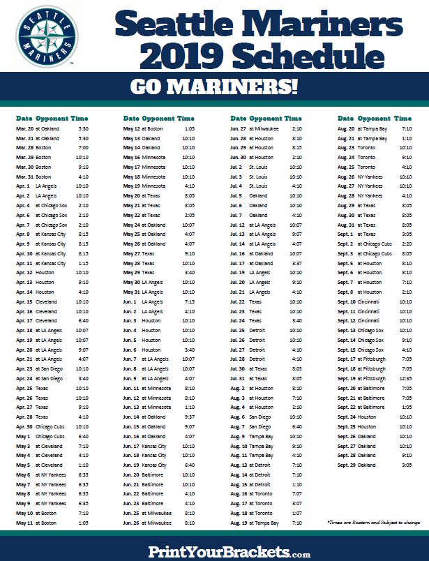 Printable 2019 Seattle Mariners Schedule Seattle 