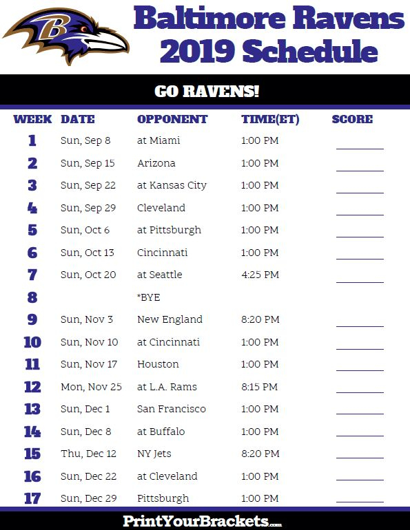 Printable Baltimore Ravens Schedule 2019 Season Ravens 