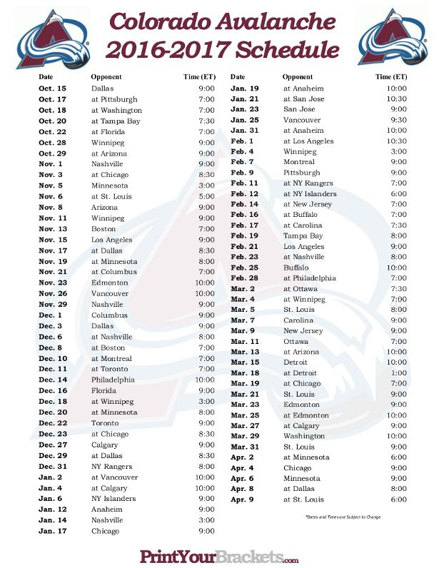 Printable Colorado Avalanche Hockey Schedule 2016 2017