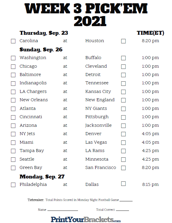 Printable NFL Week 3 Schedule Pick Em Pool 2020