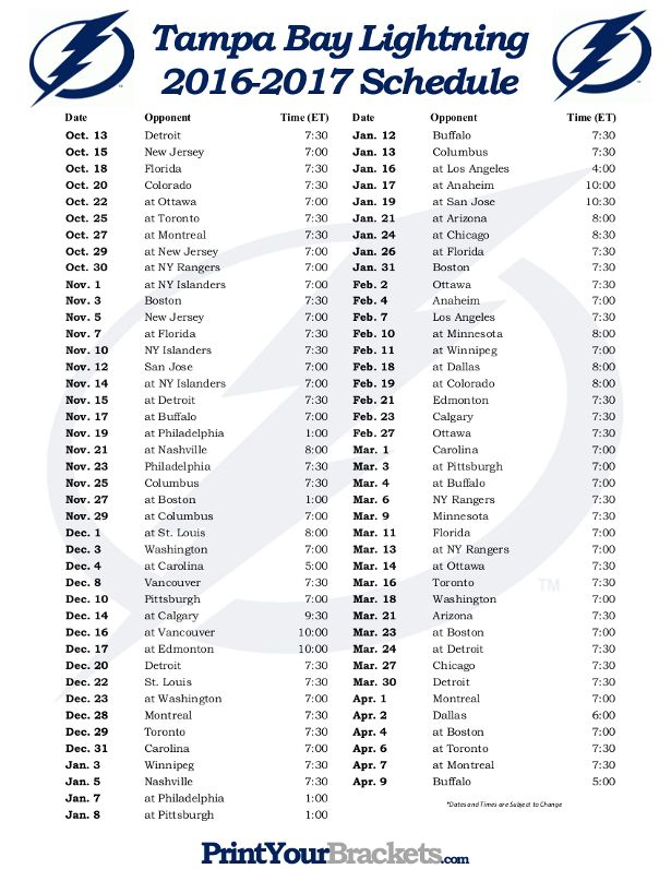 Printable Tampa Bay Lightning Hockey Schedule 2016 2017