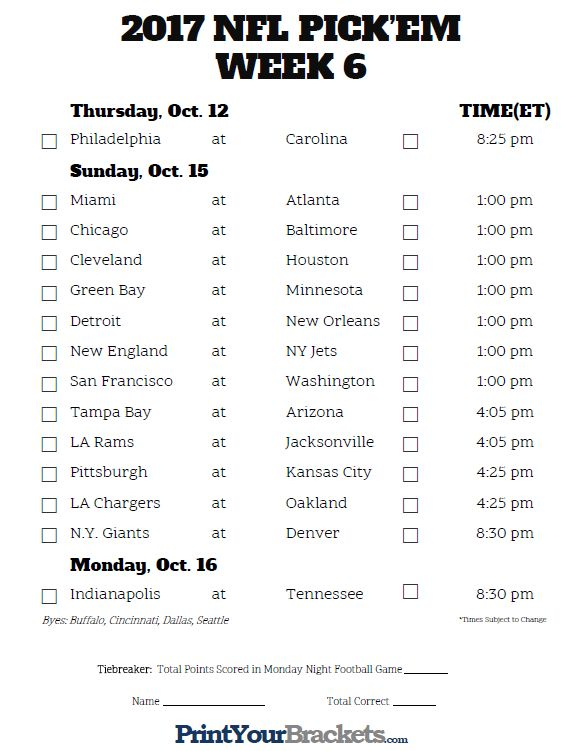 Printable Week 6 NFL Schedule Pick Em Sheets Nfl Nfl 
