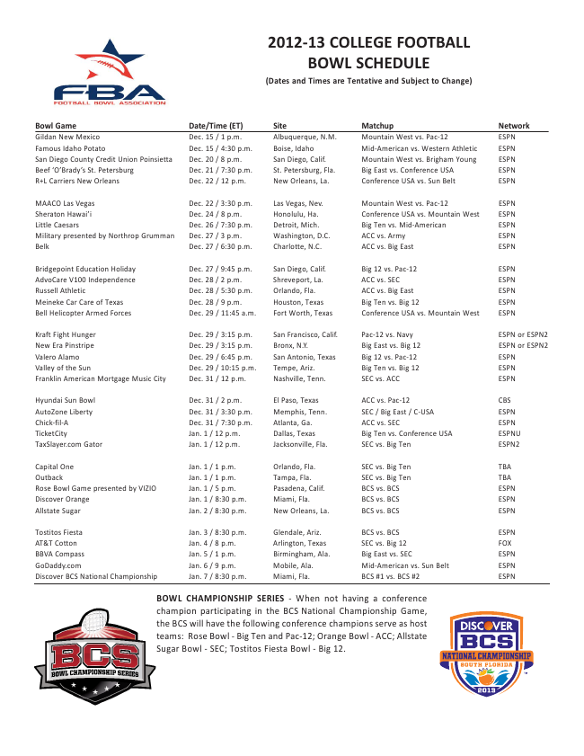 2012 2013 College Football Bowl Games Schedule