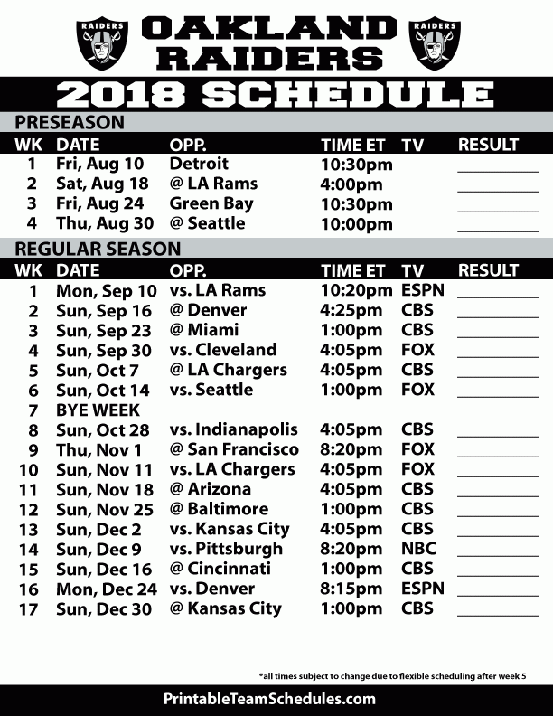 2018 19 Oakland Raiders Printable Schedule Raiders