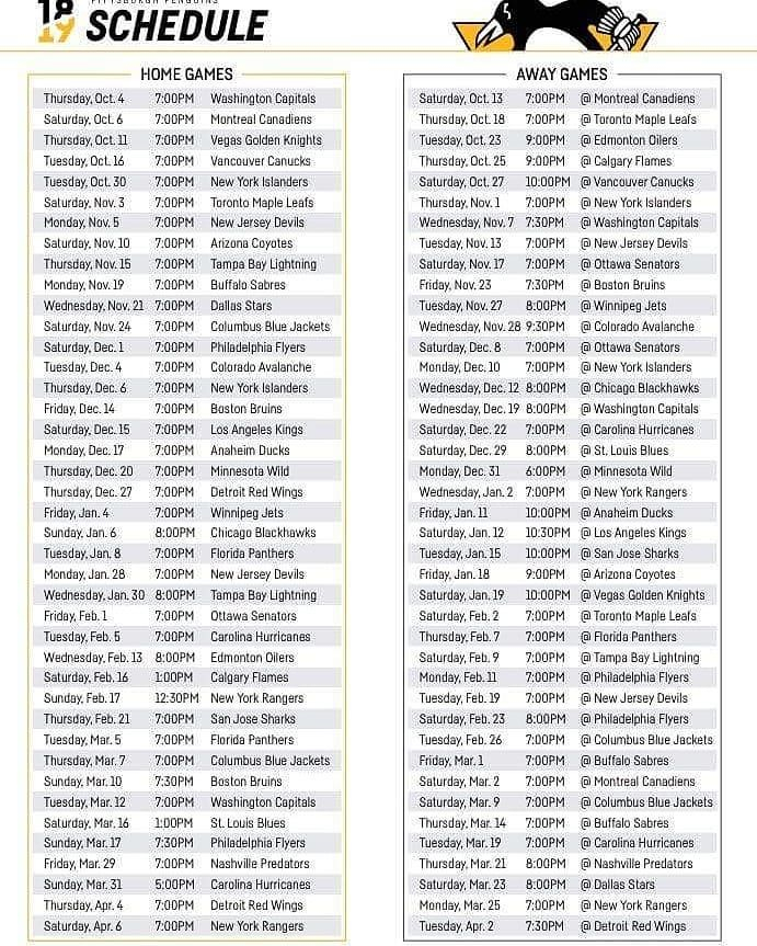 2018 19 Pittsburgh Penguins Regular Season Schedule NHL 