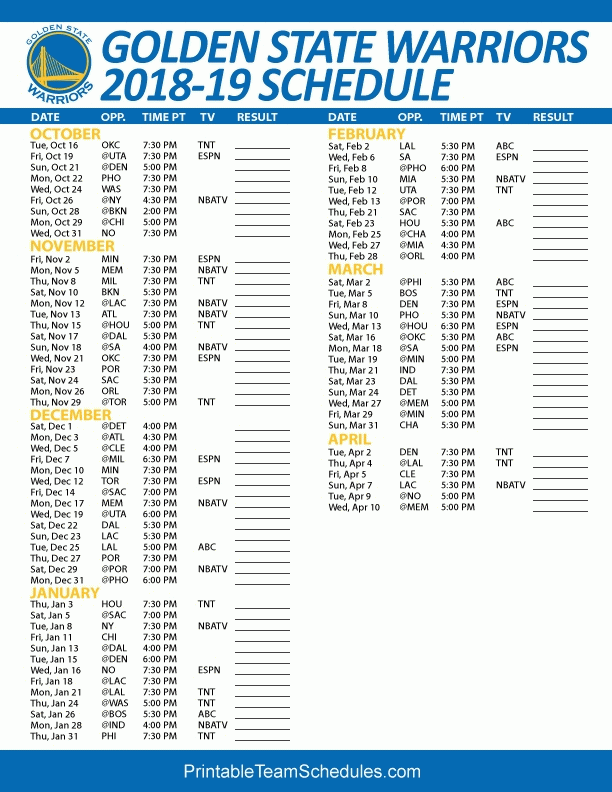 2018 2019 Golden State Warriors Schedule Printable Tv 