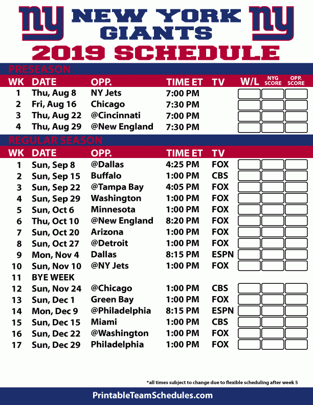2019 20 New York Giants Printable Schedule New York