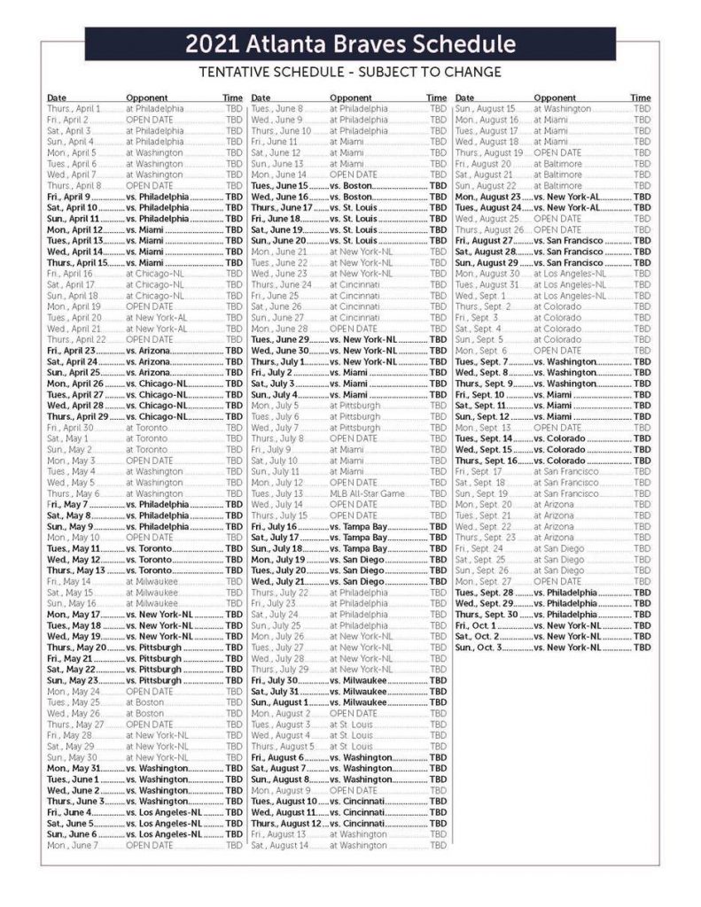 2021 Atlanta Braves Printable Schedule FreePrintableTM