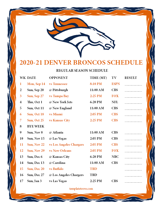 Broncos Schedule 2021 Free Printable Nfl Schedule 2020 