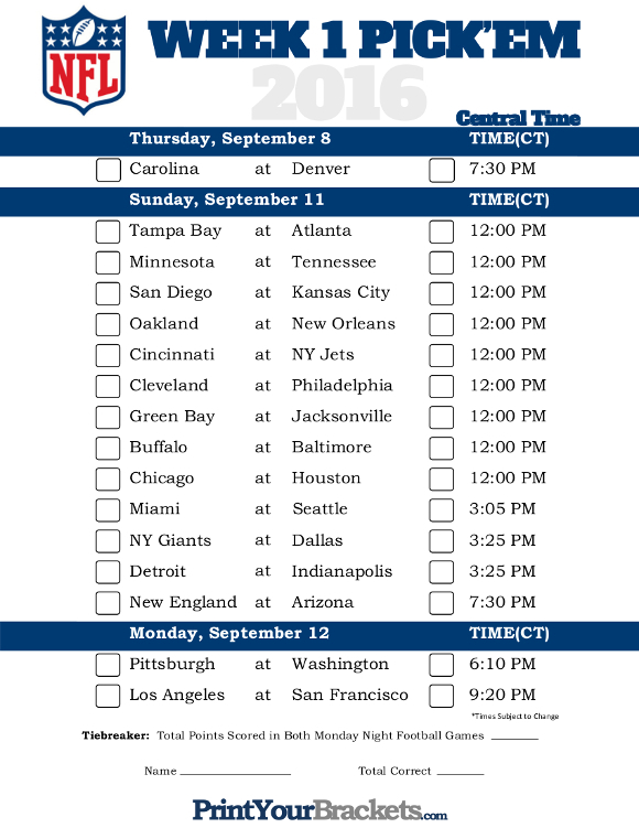 Central Time Week 1 NFL Schedule 2016 Printable