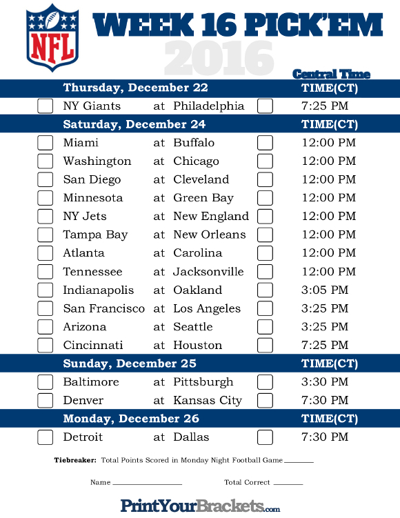 Central Time Week 16 NFL Schedule 2016 Printable