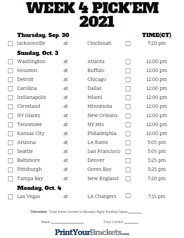 Central Time Week 4 NFL Schedule 2020 Printable