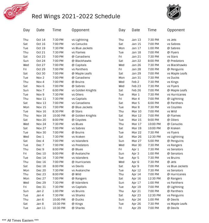 Detroit Red Wings 2021 22 Season Schedule