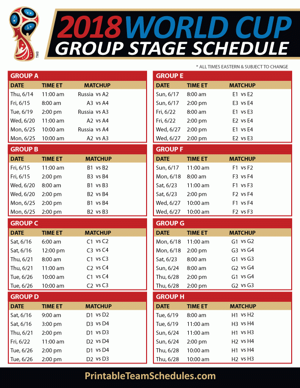 FIFA World Cup Group Stage Schedule 2018 Print Http 