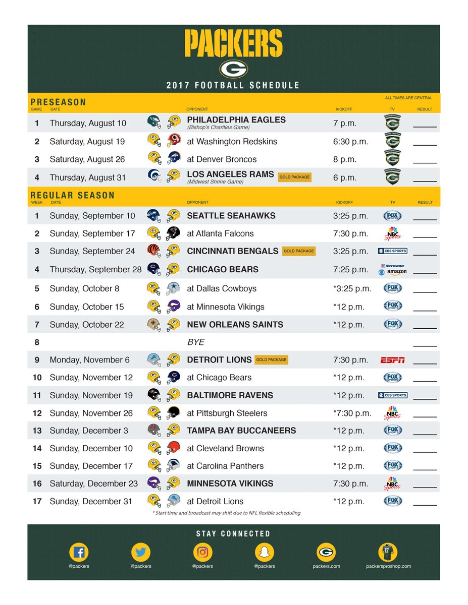 GREEN BAY PACKERS 2017 SCHEDULE Northwest Packer Backers