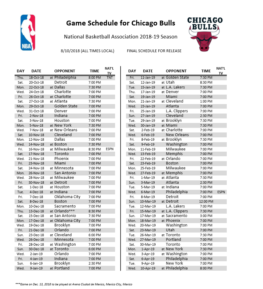 Here S All 82 Games Of The Bulls 2018 19 Schedule RSN