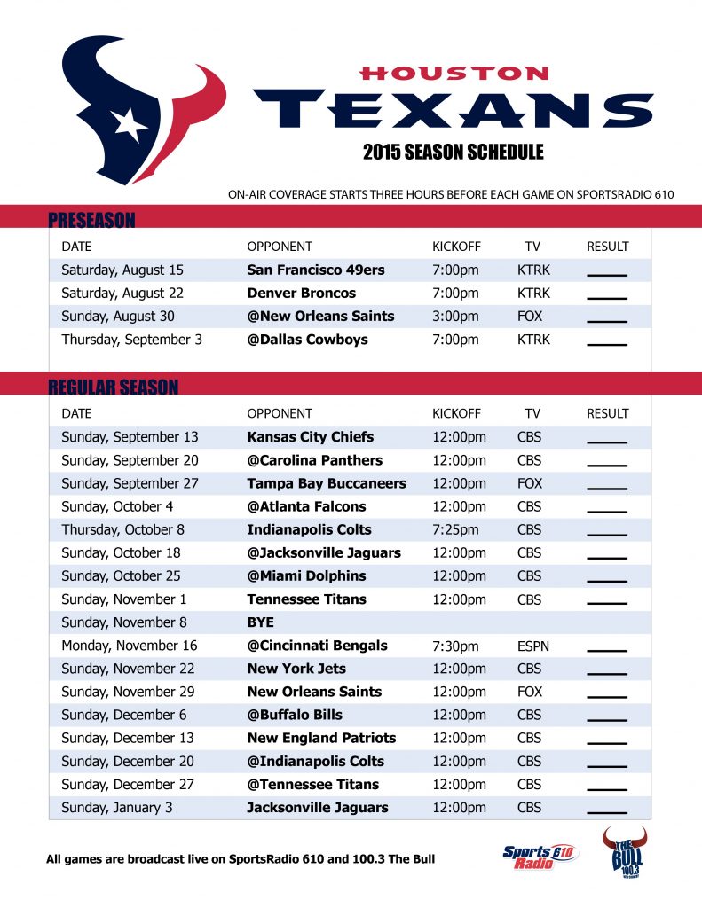 Houston Texans Schedule 2016 Live Score Football