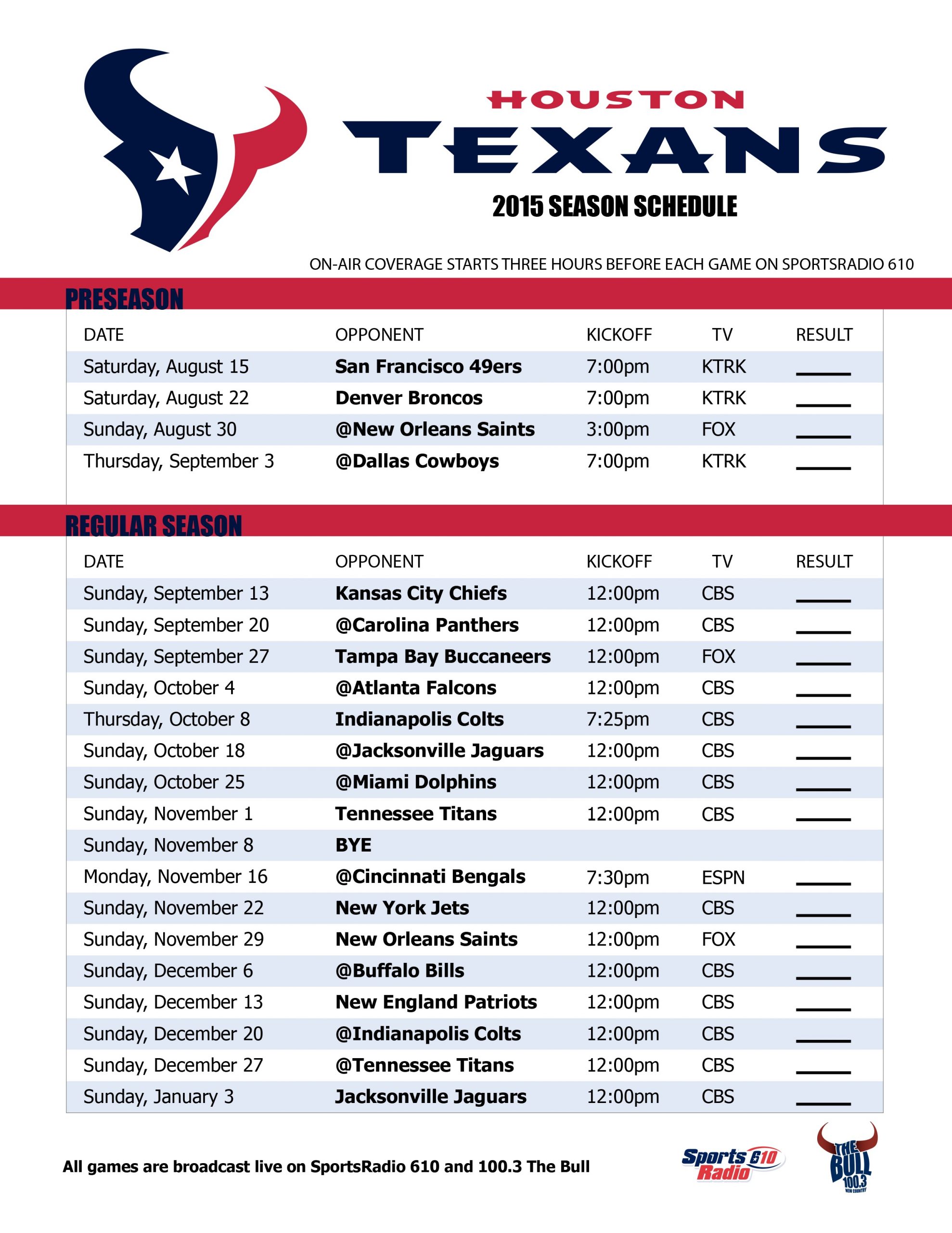 Houston Texans Schedule 2016 Live Score Football 