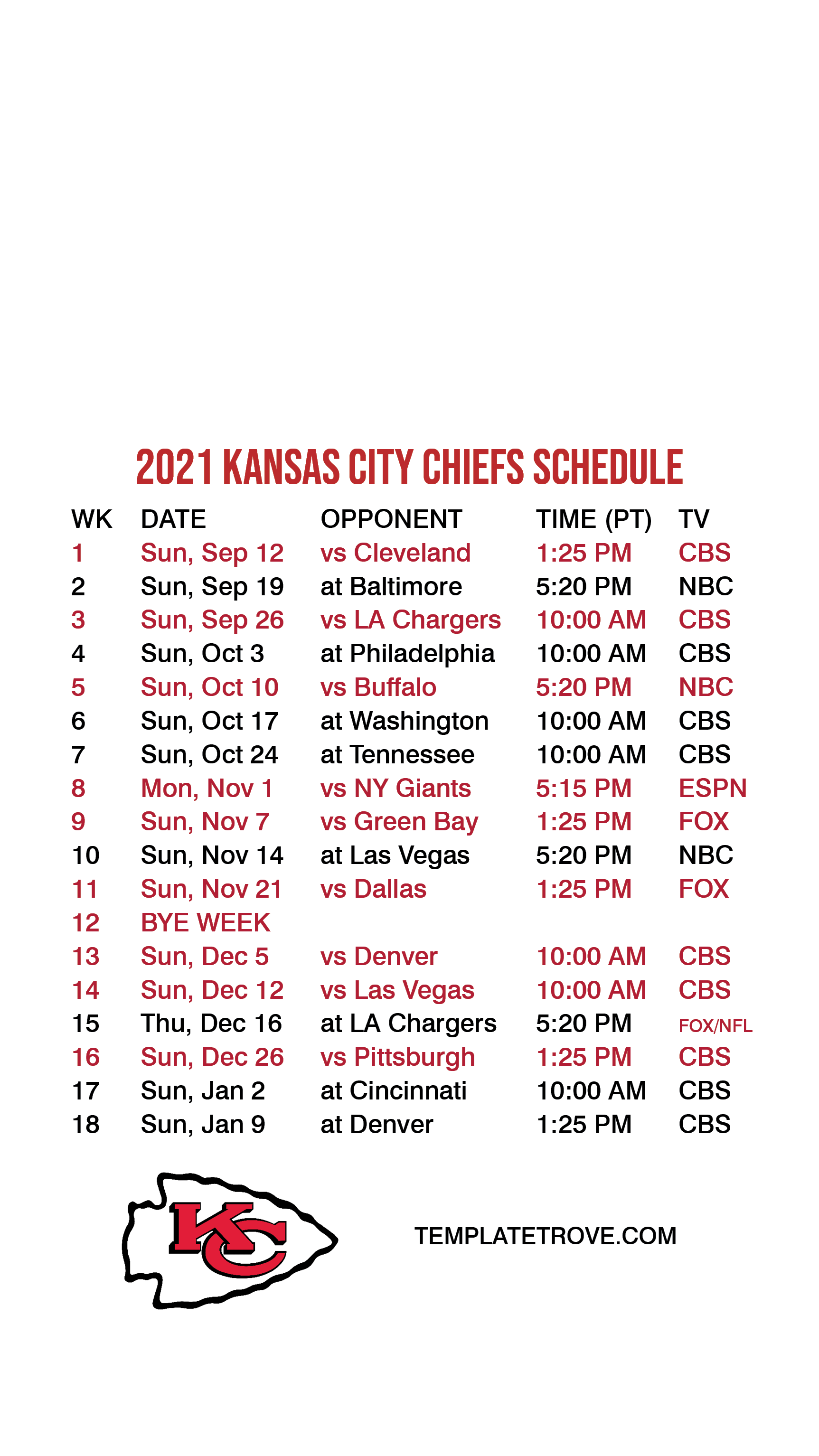 Kc Chiefs Schedule 2021 2022 Printable Chiefs Printable 
