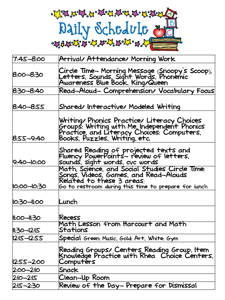 Kindergarten Celebration Daily Schedule