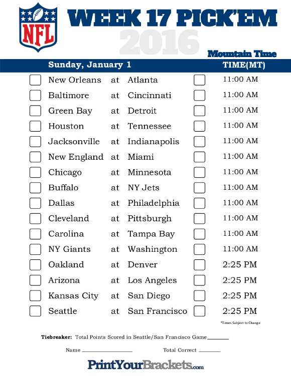 Mountain Time Week 17 NFL Schedule 2016 Printable