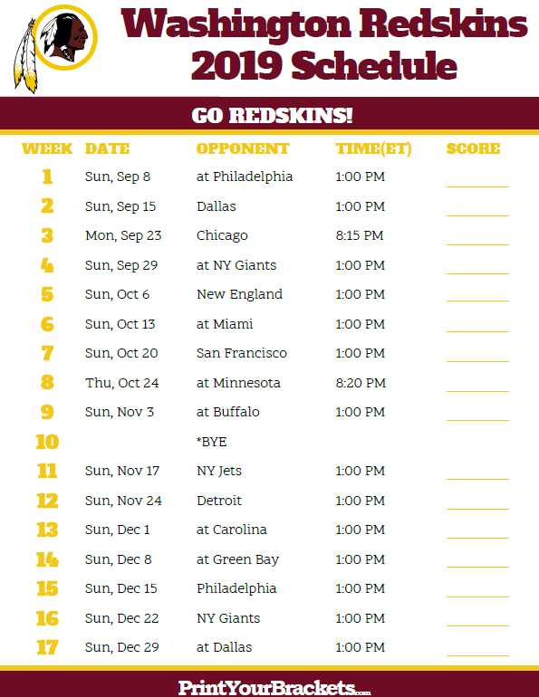 Nfl Redskins Printable Schedule UNFLO