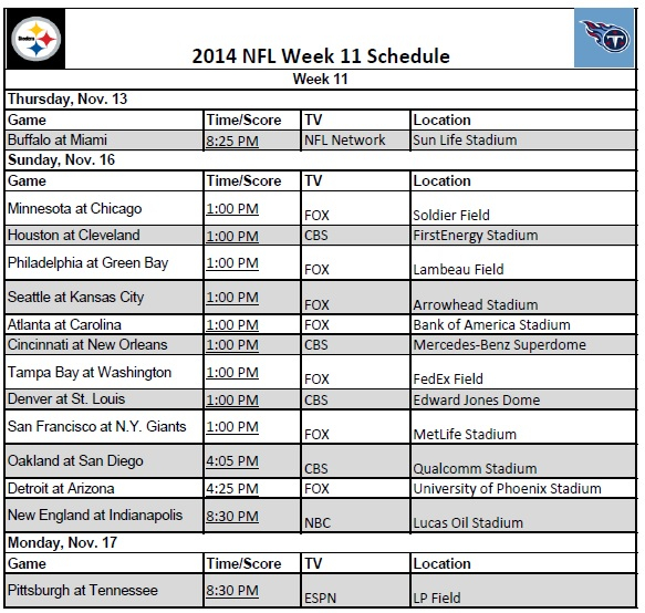 NFL Schedule Week 11 Printerfriend ly