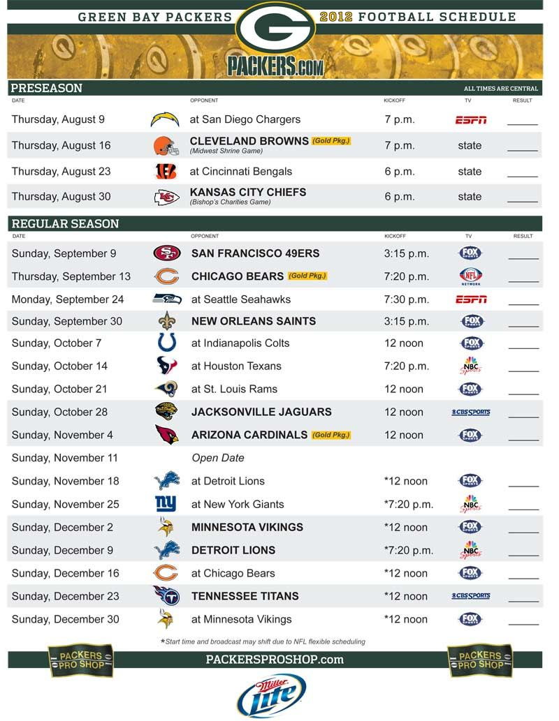 Packers Season Schedule Green Bay Packers Game 