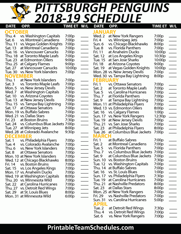Pittsburgh Penguins Schedule 2018 2019 Pittsburgh 