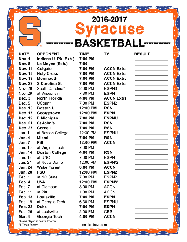 Printable 2016 2017 Syracuse Orange Basketball Schedule